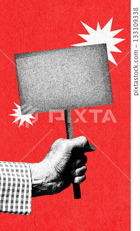 Striking artwork of raised protest sign held with bold emotional determination 133109338