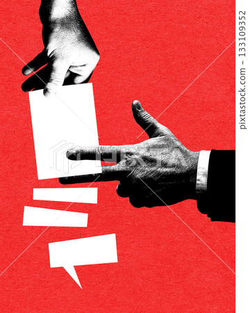 Minimalist collage of hands exchanging speech bubbles with sharp communicative tension 133109352