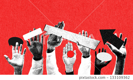 Energetic artwork of raised hands holding arrows and speech shapes 133109362