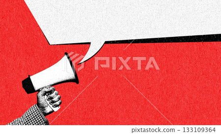 Bold composition of a hand holding a megaphone with a strong speech bubble Bold composition of a hand holding a megaphone with a strong speech bubble 133109364