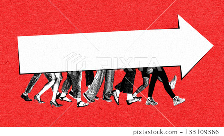 Dynamic collage of walking legs carrying a giant arrow forward. Dynamic collage of walking legs carrying a giant arrow forward. 133109366