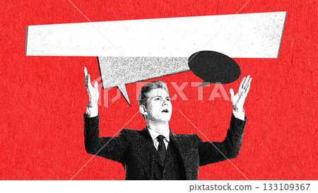 Expressive artwork of businessman raising hands with bold speech bubbles and emotional communication Expressive artwork of businessman raising hands with bold speech bubbles and emotional communication 133109367