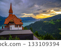 Sunset View of Lake Thun and Swiss Alps from Harder Kulm in Switzerland 133109394