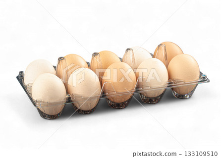 Isolated eggs in plastic tray Isolated eggs in plastic tray 133109510