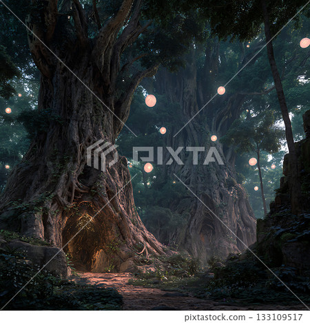 A fantastical forest of ancient trees enveloped in magical light A fantastical forest of ancient trees enveloped in magical light 133109517