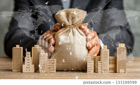 Future financial concept symbolizing global capital flow and urban economy 133109599