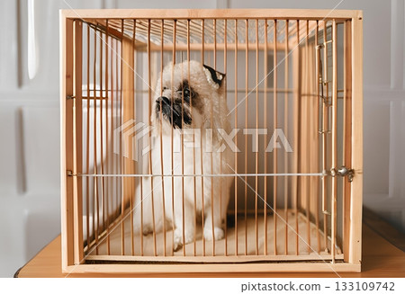 Fluffy white dog sits inside a light wooden cage. AI Generated 133109742