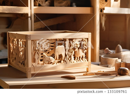Exquisitely carved wooden box with animal scenes in workshop. AI Generated 133109761
