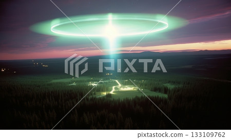 An unidentified aerial phenomenon emitting a mysterious, pulsating glow 133109762