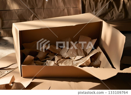 Open cardboard box filled with crumpled brown packing paper. AI Generated 133109764
