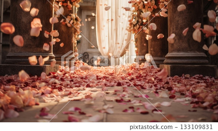 Abstract patterns of a wedding exit with rose petals 133109831