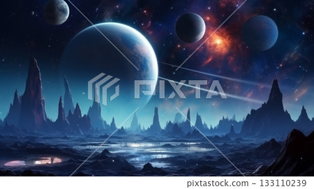 Futuristic hyper space landscape with celestial bodies 133110239