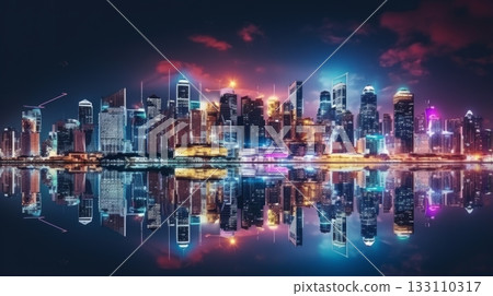 City skyline with lights reflecting in the water 133110317