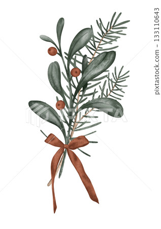 Illustration of a Christmas composition with branches with red berries and bow isolated on white is a popular element in botanical art with fir tree, often used for New year design Illustration of a Christmas composition with branches with red berries and bow isolated on white is a popular element in botanical art with fir tree, often used for New year design 133110643