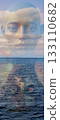 Cloud mind, ocean soul a double exposure. Double exposure combines a serene ocean scene with a human face and a stylized, abstract visage.  133110682