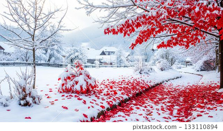 Fallen autumn leaves pile up on the snow Fallen autumn leaves pile up on the snow 133110894
