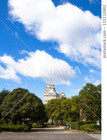 Himeji Castle seen from various angles with blue sky and clouds 133110902