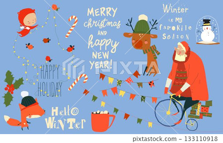 Cartoon Set With Santa Claus and Christmas Elements Cartoon Set With Santa Claus and Christmas Elements 133110918