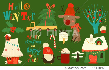 Cartoon Set With Cute Animals and Christmas Elements Cartoon Set With Cute Animals and Christmas Elements 133110920
