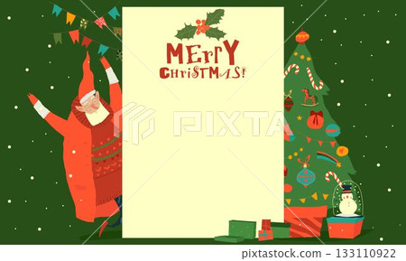 Christmas Card with Santa Claus Celebrating Holiday near Christmas Tree 133110922