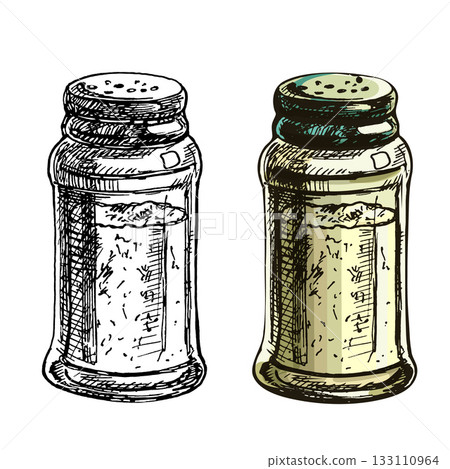 Salt shaker. Vector color vintage hatching illustration isolated on white 133110964
