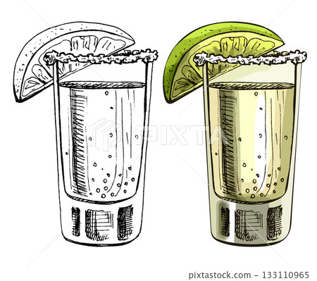 Glass tequila with slice lime. Vector vintage hatching 133110965