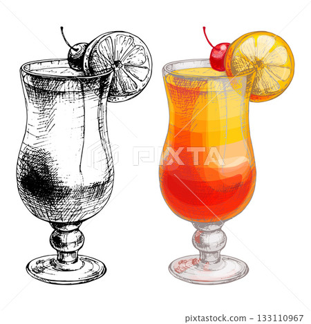 Tequila sunrise cocktail with cherry and slice orange. Vector vintage hatching 133110967