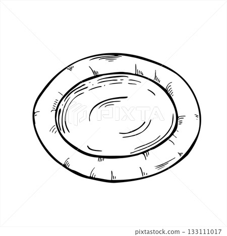 Vector disposable round white paper plate isolated illustration painted by black inks. Blank circle food tray line art sketch. Takeaway empty cardboard for menu design, cooking recipes, cafe decor 133111017