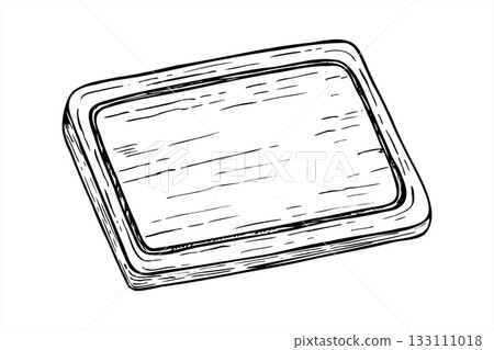 Rectangle wooden chopping board with smooth edges vector isolated illustration painted by black inks. Empty tray for cutting or serving food. Tableware for eco friendly kitchens and food blogs 133111018