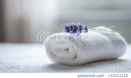 Lavender Spa Towel Roll With Fresh Lavender  Soft White Bath Linen for Relaxation 133111216