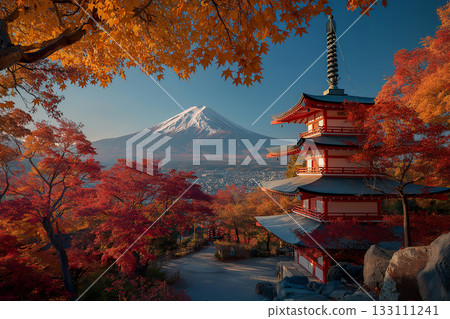 A spectacular view of the five-story pagoda and Mt. Fuji in autumn colors 133111241