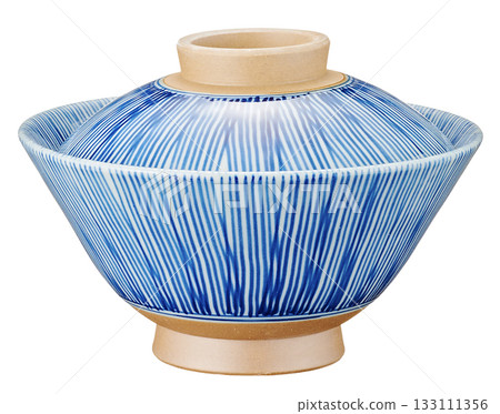 Japanese tableware/rice bowl with lid / blue and white porcelain / vertical line pattern / white background 133111356