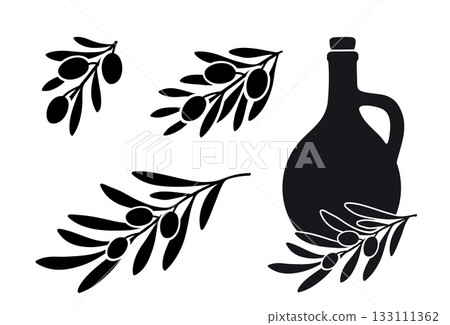 set of green olive design elements on white background 133111362