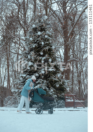 Winter Stroll with Stroller by Decorated Tree Winter Stroll with Stroller by Decorated Tree 133111461