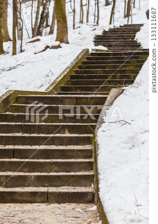Stairs in winter public park 133111687