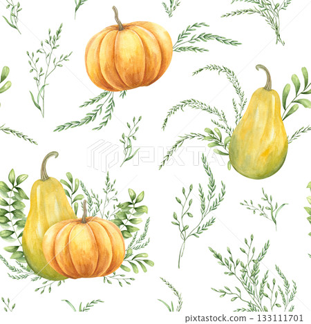 Watercolor seamless pattern of pumpkins among green meadow spikelet on isolated background. Hand drawn autumn orange green ornate in rustic style. Fall illustration for harvest festival design. Watercolor seamless pattern of pumpkins among green meadow spikelet on isolated background. Hand drawn autumn orange green ornate in rustic style. Fall illustration for harvest festival design. 133111701