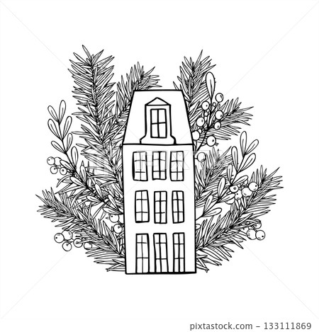 European house and spruce branches, berry plant vector isolated illustration in holiday Xmas style. Traditional old building silhouette and foliage black and white drawing for Xmas greeting cards 133111869