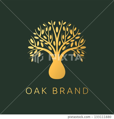 Oak logo. Gold tree brand. Logotype design, natural ecological company. Golden decorative silhouette for emblem and label. Minimal symbol botanical branch and leaves. Vector isolated illustration Oak logo. Gold tree brand. Logotype design, natural ecological company. Golden decorative silhouette for emblem and label. Minimal symbol botanical branch and leaves. Vector isolated illustration 133111880