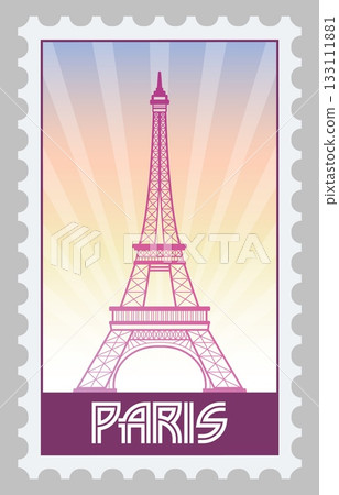 Travel map. French postmark. Country sightseeing. Postage label design. Eiffel tower. Scrapbook tag. Famous architecture in France. Envelope post stamp. Paris landmark. Postal vector paper sticker 133111881