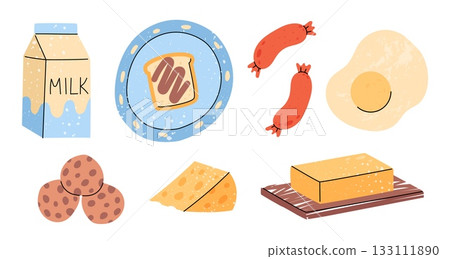Illustration food. Breakfast meal. Fresh milk bottle. Cheese with butter. Scrambled eggs. Bread toast on plate. Sausage for lunch. Cookie snack. Doodle products eating. Vector isolated elements set Illustration food. Breakfast meal. Fresh milk bottle. Cheese with butter. Scrambled eggs. Bread toast on plate. Sausage for lunch. Cookie snack. Doodle products eating. Vector isolated elements set 133111890