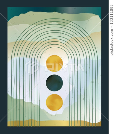 Watercolor background. Architectural arch, green and gold circles. Geometric design, creative minimal poster, notebook cover, ink texture natural paint graphic colors. Vector isolated illustration Watercolor background. Architectural arch, green and gold circles. Geometric design, creative minimal poster, notebook cover, ink texture natural paint graphic colors. Vector isolated illustration 133111893
