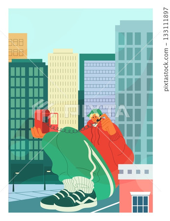 City building. Big man at road street. Huge guy calling. Telephone booth. Tiny architecture. Downtown skyscraper modern towers. Cellphone talking. Giant person walking through houses. Vector concept 133111897
