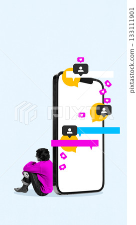 Minimal artwork of boy sitting beside giant smartphone filled with chat bubbles and floating icons. 133111901