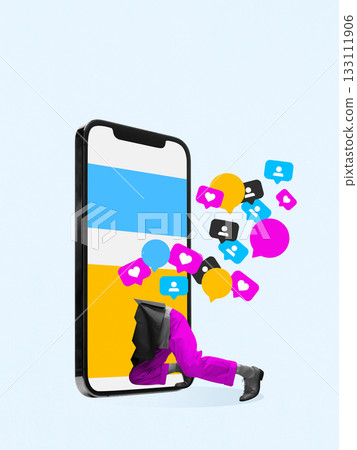 Playful poster of person crawling into giant smartphone while social icons float outward. Playful poster of person crawling into giant smartphone while social icons float outward. 133111906