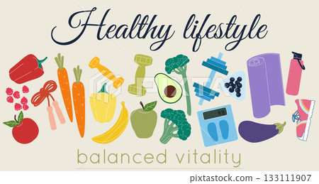 Healthy life. Fitness routine. Wellness habits. Balanced vitality. Diet food and sport activity. Fresh vegan product. Fruit and vegetables eating. Healthiness lifestyle. Yoga training. Vector banner Healthy life. Fitness routine. Wellness habits. Balanced vitality. Diet food and sport activity. Fresh vegan product. Fruit and vegetables eating. Healthiness lifestyle. Yoga training. Vector banner 133111907