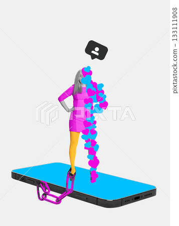 Minimal collage of woman standing on smartphone with hearts streaming from screen and ankle chain. Minimal collage of woman standing on smartphone with hearts streaming from screen and ankle chain. 133111908