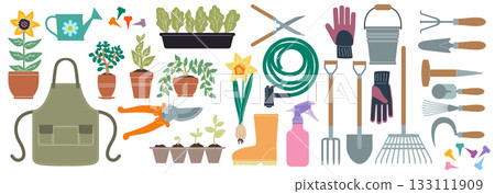 Gardening tools. Accessories for garden. Apron, gloves, watering can. Farmer equipment for planting. Flower spring, summer agricultural cultivation. Vector cartoon isolated horticulture illustration Gardening tools. Accessories for garden. Apron, gloves, watering can. Farmer equipment for planting. Flower spring, summer agricultural cultivation. Vector cartoon isolated horticulture illustration 133111909