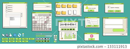 Retro UI. Frame message. Digital dialog boxes. Windows vintage browser. Computer old interface for web and desktop design. Y2K pop-up screen. Error notification. OS menu button. Vector elements set 133111913