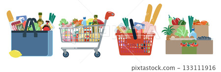 Shopping trolley with food. Supermarket basket filled with groceries, fresh vegetables, dairy and bread. Healthy organic products. Cooking market. Eco box and packet. Vector cartoon flat illustration Shopping trolley with food. Supermarket basket filled with groceries, fresh vegetables, dairy and bread. Healthy organic products. Cooking market. Eco box and packet. Vector cartoon flat illustration 133111916