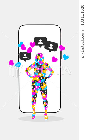 Creative digital artwork of silhouette filled with social icons standing in front of giant smartphone Creative digital artwork of silhouette filled with social icons standing in front of giant smartphone 133111920